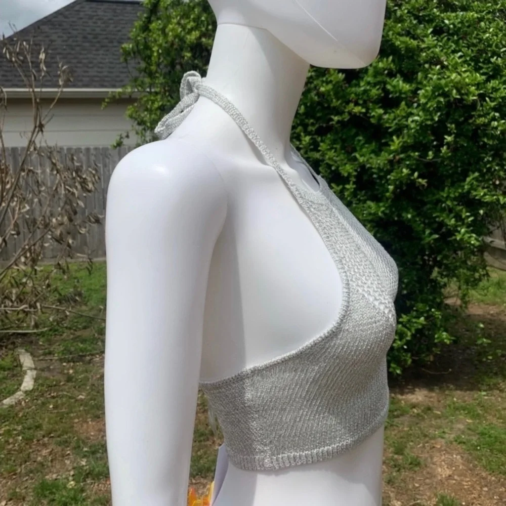 💋NWT Lovers + friends silver metallic halter bikini swim top - Picture 11 of 13